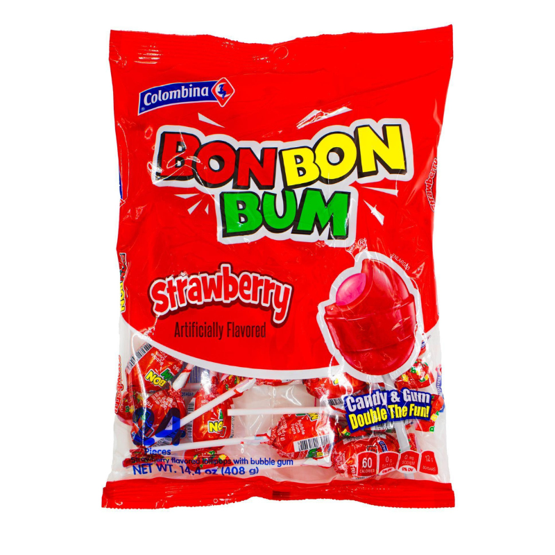 Bon Bon Bum Fresa (24 Unidades) | Colombinas / Chupetas con Chicle