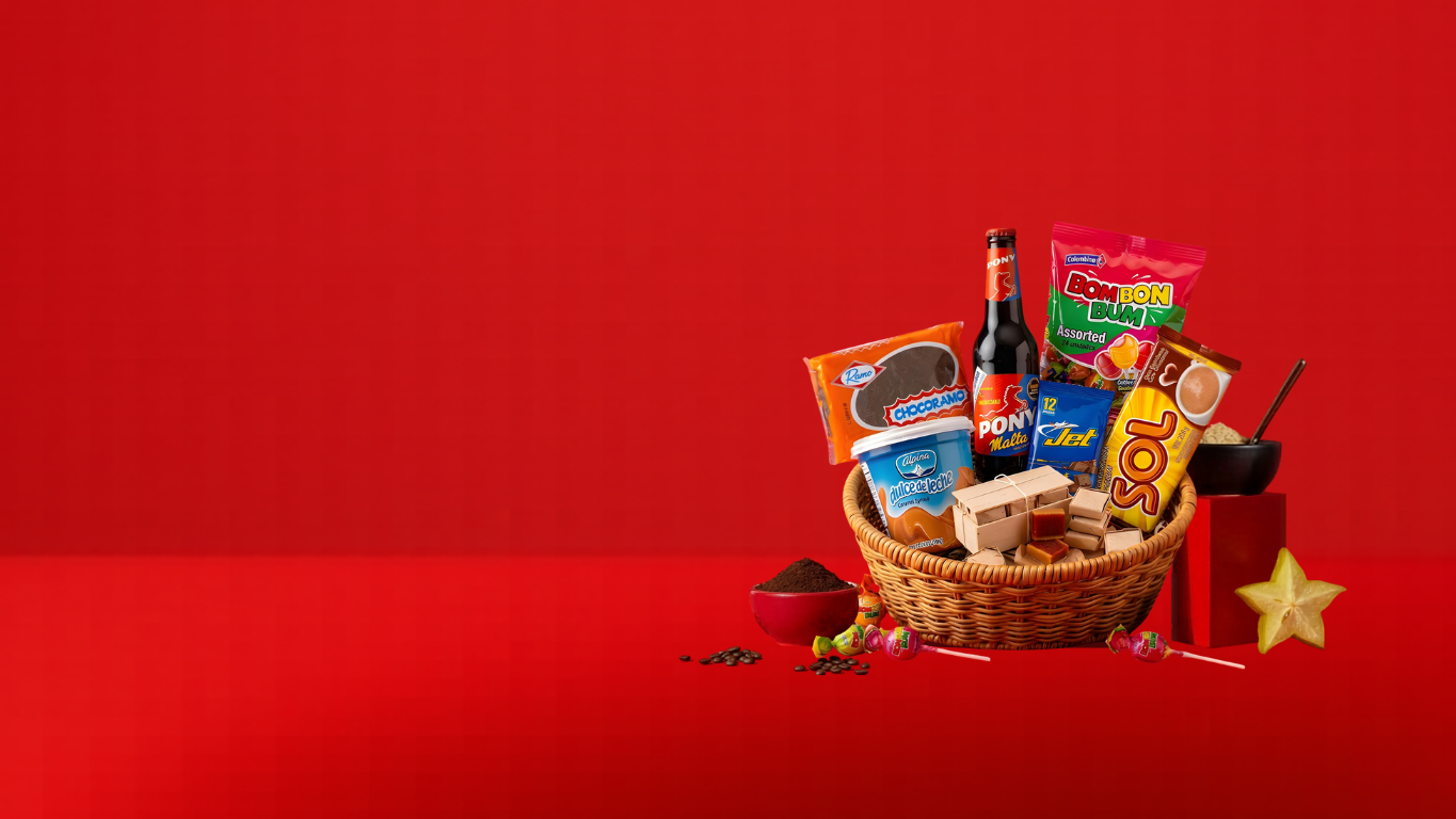 Canasta con chocoramo, pony malta, arequipe alpina, bom bom bum, chocolatinas jet y bocadillos veleños